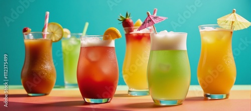 A festive collection of vibrant tropical cocktails illuminated by a sunlit backdrop with striking shadows photo