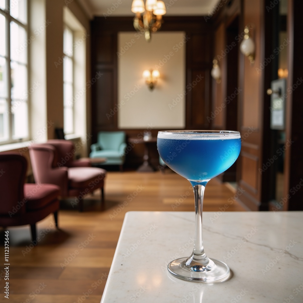 A luxurious setting with a glamorous blue cocktail glass on display A luxurious setting with a glamorous blue cocktail glass on display