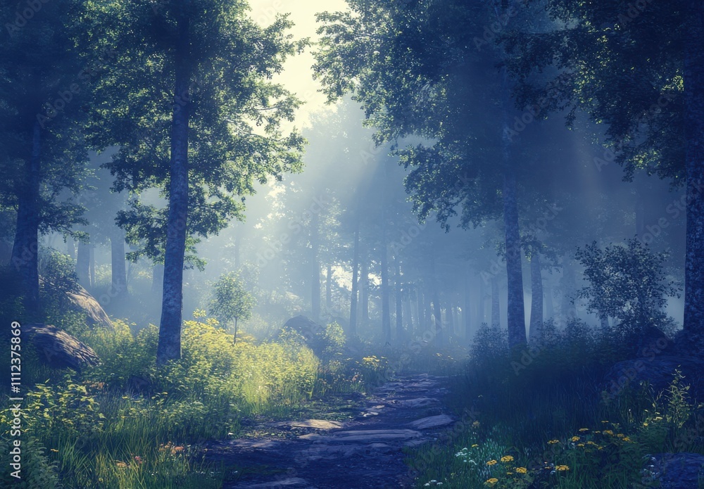 Obraz premium Serene Forest Pathway with Misty Atmosphere and Soft Sunlight Filtering Through Trees, Creating a Tranquil Natural Landscape Perfect for Nature Lovers
