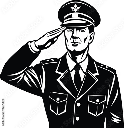 Bold Black and White Illustration of a Soldier Saluting photo