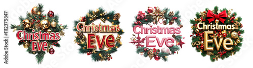 Pack PNG of a festive Christmas Eve set against a transparent background collage, capturing the holiday spirit with bold typography and seasonal elements