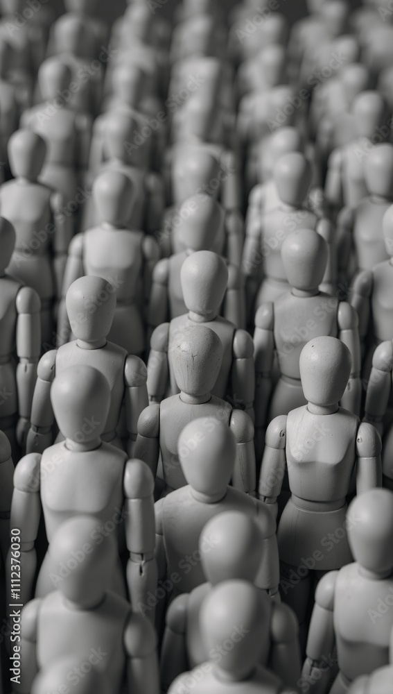 Fototapeta premium Black White wooden figurines portraying themes of racism segregation and exclusion through diverse characters representing unity individuality and non-conformity