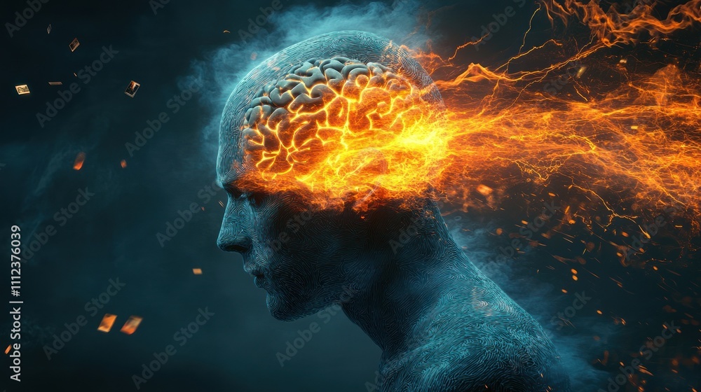An erupting brain radiates fiery innovation An erupting brain radiates fiery innovation