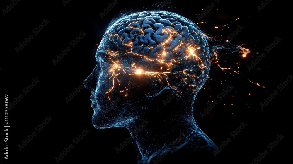 Profile of an electrified brain with light bursts. Profile of an electrified brain with light bursts.