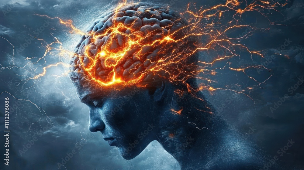 Stormy brain with intense fiery electric explosion. Stormy brain with intense fiery electric explosion.