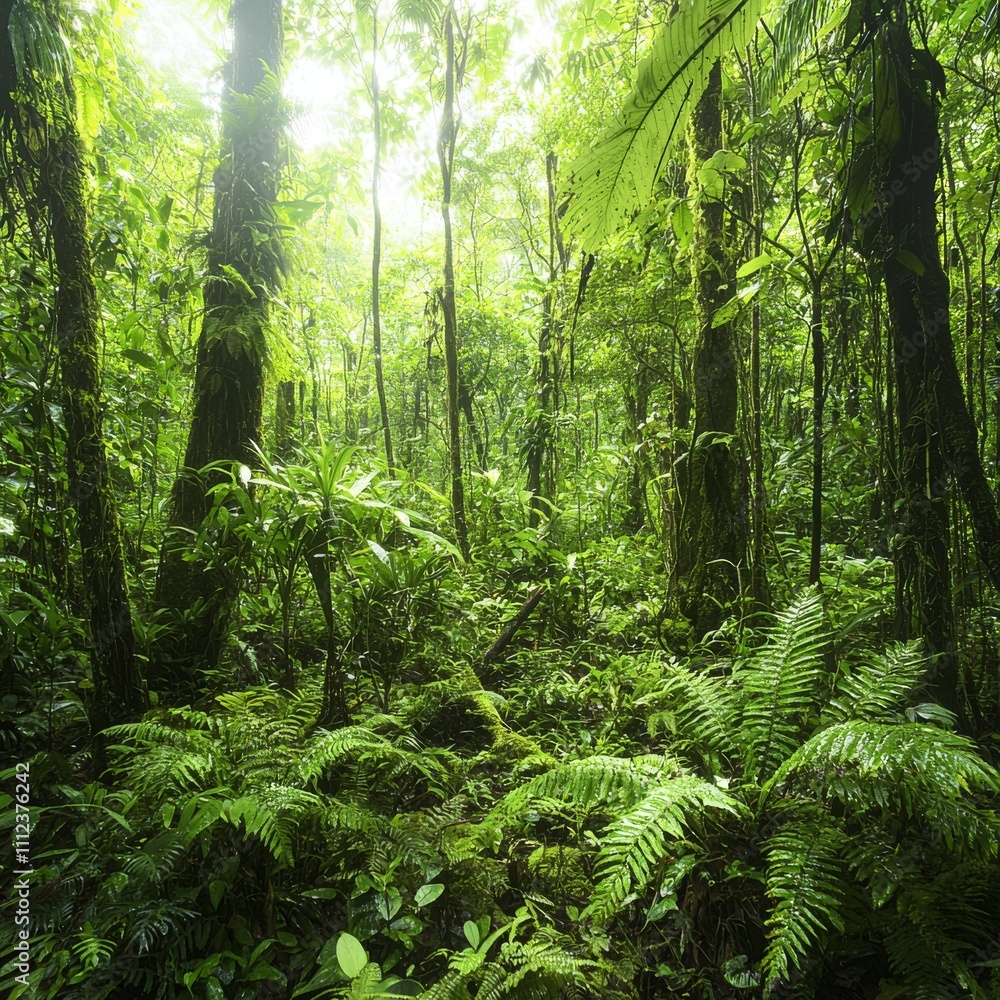 Lush Green Rainforest Canopy Sunlight Dappled Undergrowth Lush Green Rainforest Canopy Sunlight Dappled Undergrowth