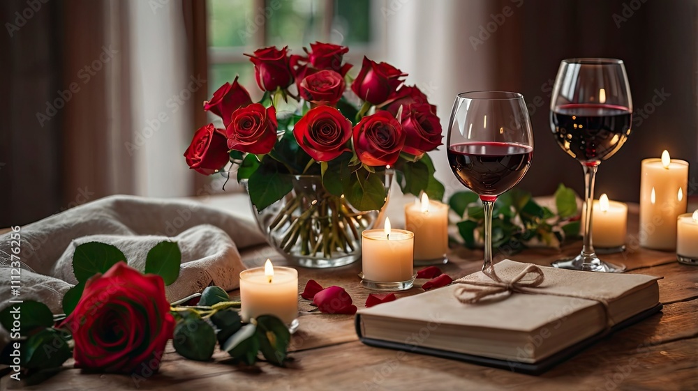 Obraz premium Romantic Dinner. Bouquet of flowers lying on the table, selective focus on bunch of roses, two glasses of red wine and candles on the wooden desk. Date concept, blurred background, banner, copy space