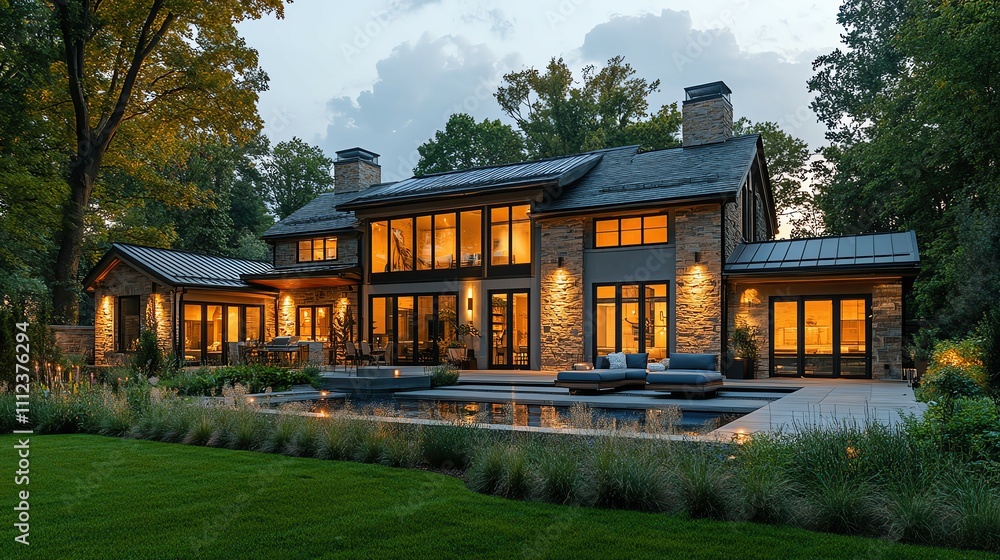 Modern house surrounded by lush greenery at dusk. Automated living room with smart ,Luxury modern mansion with outdoor pool, high-end architectural design for exclusive living Modern house surrounded by lush greenery at dusk. Automated living room with smart ,Luxury modern mansion with outdoor pool, high-end architectural design for exclusive living