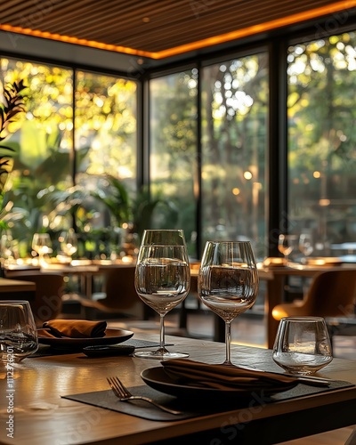 Elegant restaurant interior with glassware setup. Automated living room with smart