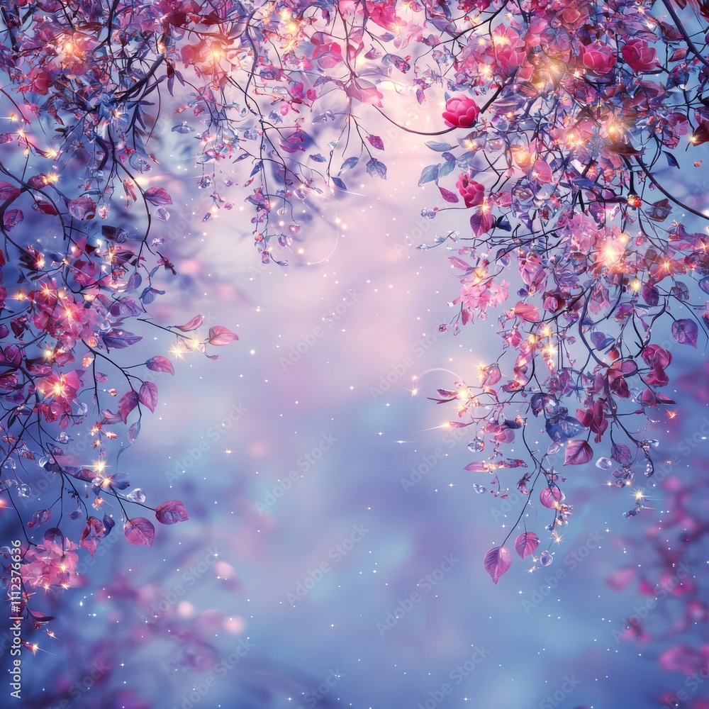 Magical winter scene with glowing leaves and branches.