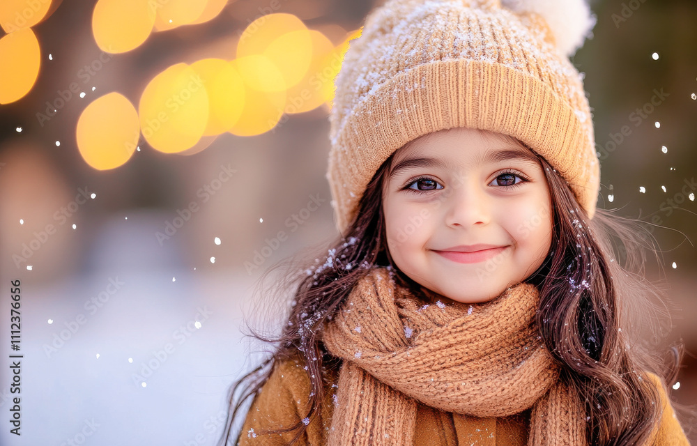 Beautiful young Indian girl in winter smiling against the background of fairy lights Beautiful young Indian girl in winter smiling against the background of fairy lights