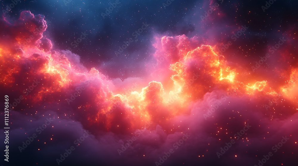 Obraz premium Fiery nebula cloudscape with glowing particles.