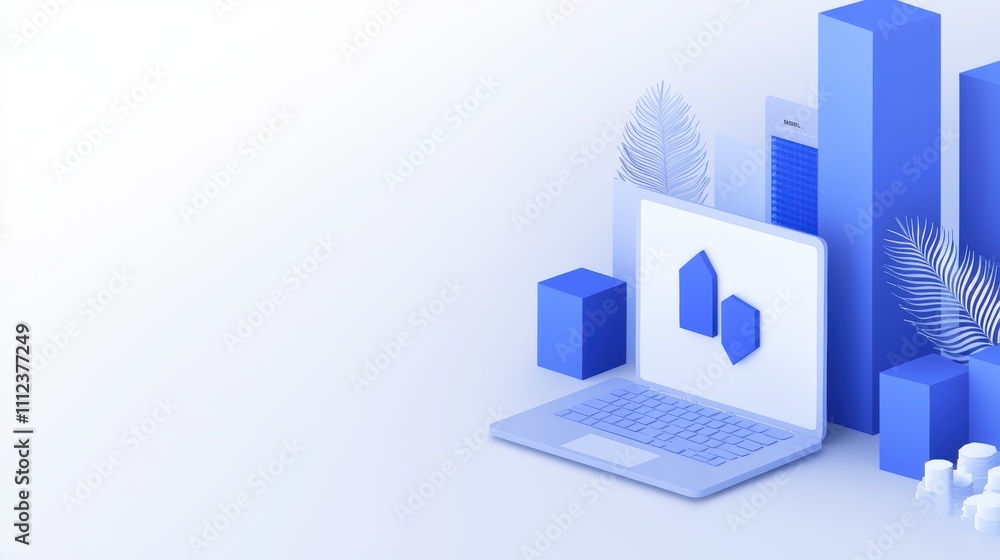A modern, minimalistic design featuring a laptop with graphical representations of buildings and data, set against a soft blue background. A modern, minimalistic design featuring a laptop with graphical representations of buildings and data, set against a soft blue background.