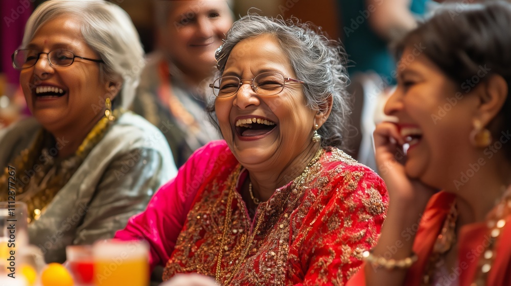 Joyful gathering of friends celebrating a special occasion with laughter and traditional attire in a vibrant atmosphere Joyful gathering of friends celebrating a special occasion with laughter and traditional attire in a vibrant atmosphere