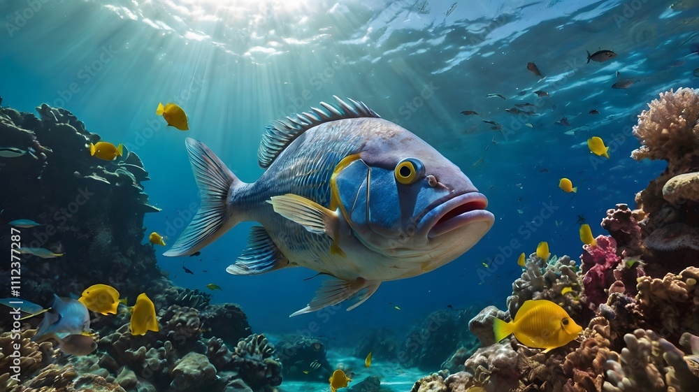 Fototapeta premium Colorful tropical fish swimming in a vibrant coral reef aquarium