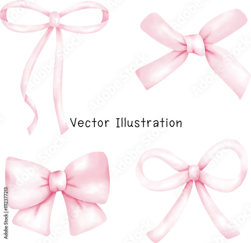Set Cute Coquette Ribbon Double Bow in Preppy Aesthetic Vintage Watercolor Illustration