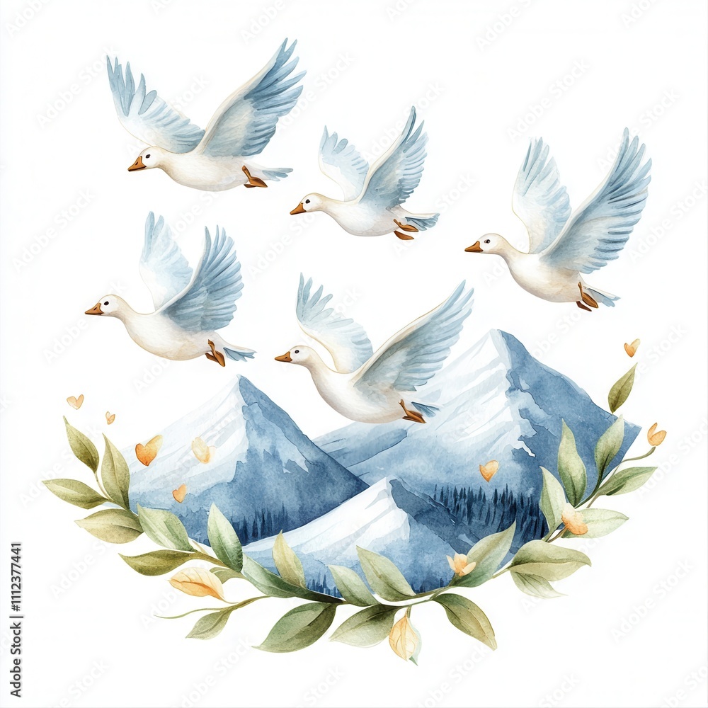 Fototapeta premium Wildlife and winter activities in watercolor concept. Watercolor painting of flying geese over mountains and foliage