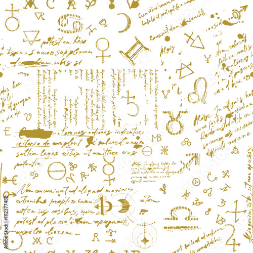 A seamless pattern of esoteric, astrological, and magical symbols.