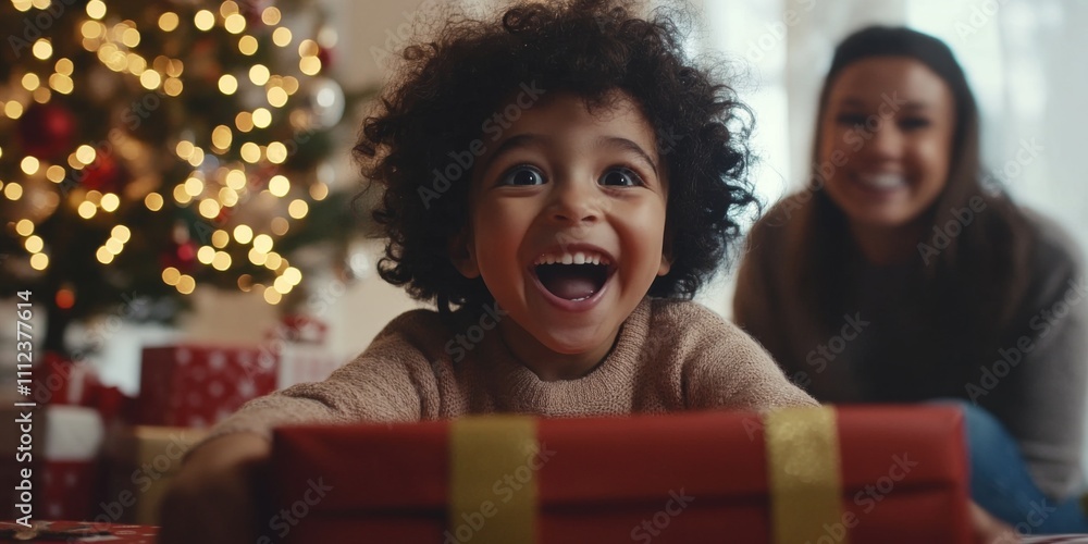 A joyful child unwraps a gift during the festive season. Their excitement reflects the warmth of family moments. A joyful child unwraps a gift during the festive season. Their excitement reflects the warmth of family moments.