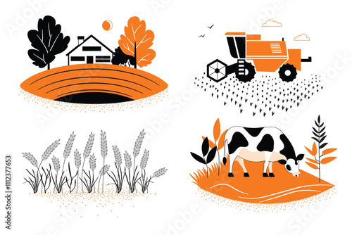 Rural scenes, a farmhouse, an agricultural harvester in a field, a cow is grazing in a pasture