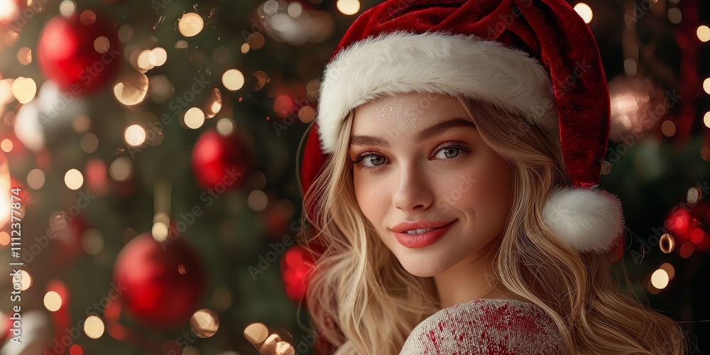 A joyful model in a Santa hat, radiating happiness amidst beautiful Christmas decorations and lights. A joyful model in a Santa hat, radiating happiness amidst beautiful Christmas decorations and lights.