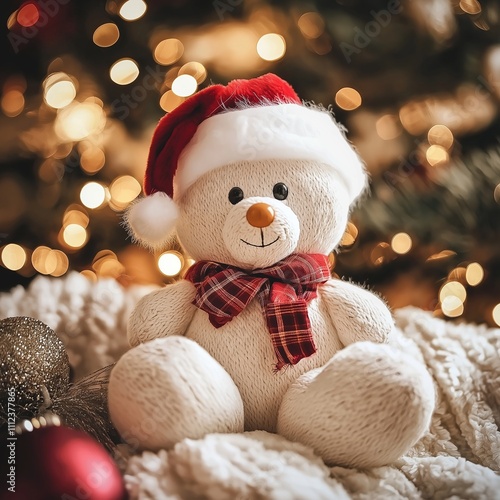 Wallpaper Mural A cute plush bear wearing a Santa hat and scarf, embodying holiday charm and innocence. Torontodigital.ca