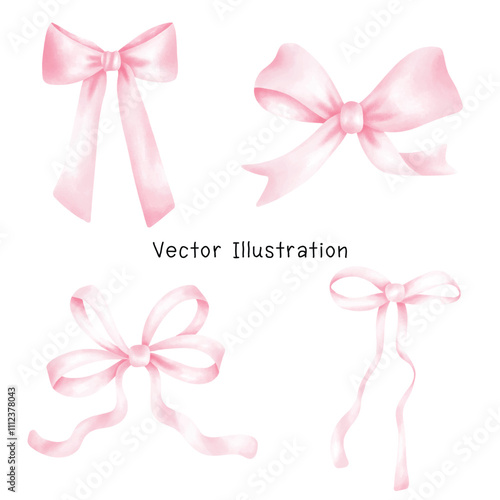 Set Cute Coquette Ribbon Double Bow in Preppy Aesthetic Vintage Watercolor Illustration