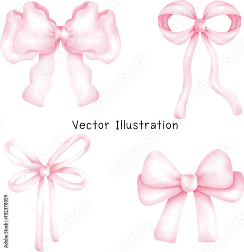 Set Cute Coquette Ribbon Double Bow in Preppy Aesthetic Vintage Watercolor Illustration