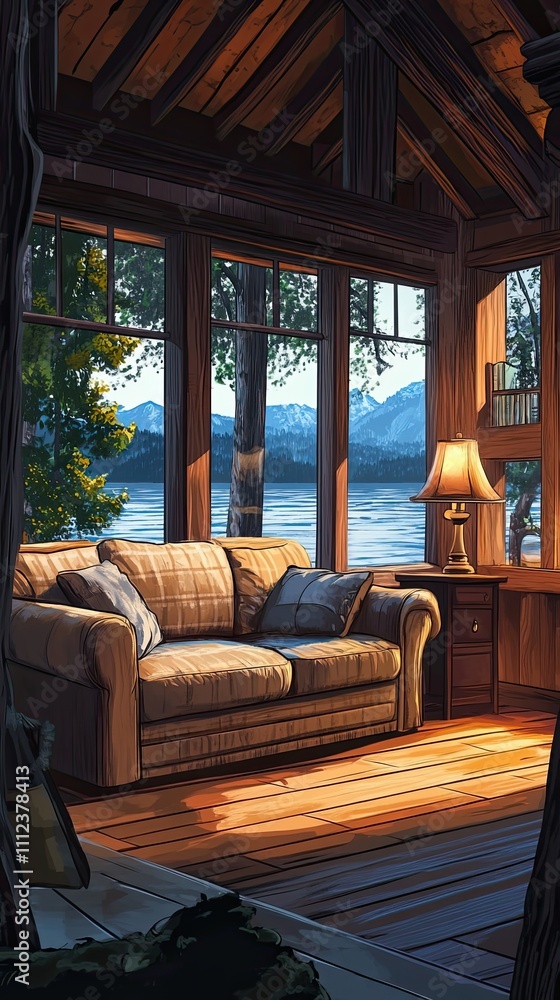 Cozy Cabin Living Room Lake View Mountain Scenery Cozy Cabin Living Room Lake View Mountain Scenery