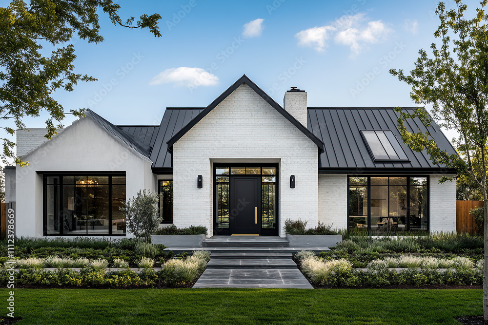 A sleek, white farmhouse with black accents and large windows. The roof is made of metal tiles, adding an industrial touch to the traditional-style home. A front door framed in dark wood stands. A sleek, white farmhouse with black accents and large windows. The roof is made of metal tiles, adding an industrial touch to the traditional-style home. A front door framed in dark wood stands.
