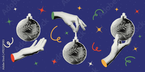 Hand holding Christmas ball with halftone effect. Vector cut out sticker. Trendy modern collage design element.