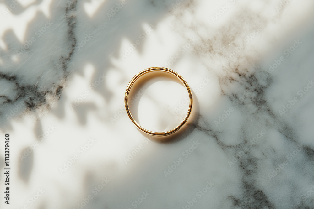 A simple gold ring resting on a marble surface illuminated by soft natural light in a serene indoor setting A simple gold ring resting on a marble surface illuminated by soft natural light in a serene indoor setting