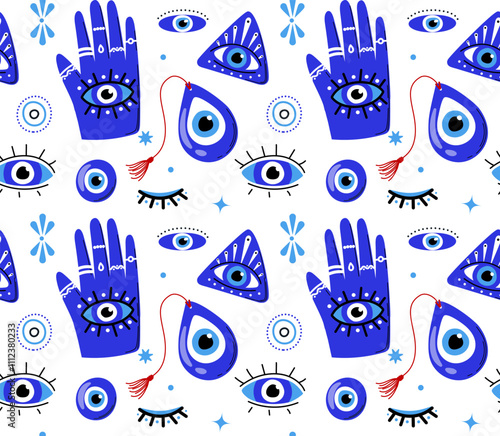 Evil eyes seamless pattern. Repeating design element for printing on fabric. Mysticism and esotericism, occultism. Hands and triangles with eyes. Arabic culture. Flat vector illustration