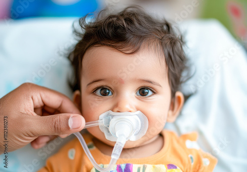 Cute Asian toddler receiving oxygen therapy in a hospital room, with the doctor's hand holding a nose mask