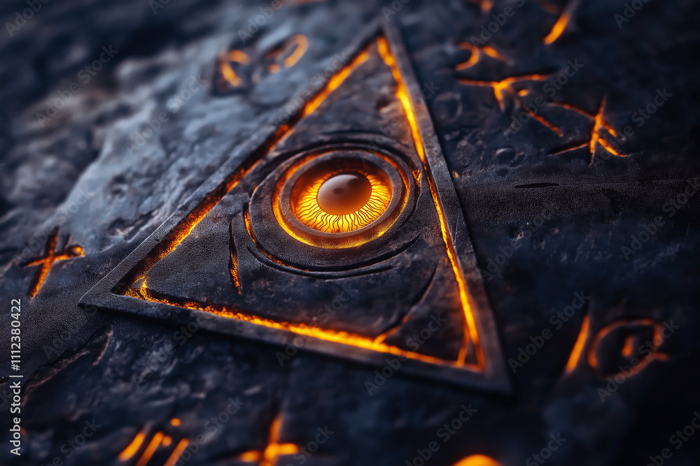 A close-up of the Illuminati symbol, an eye within a triangle, engraved on an ancient stone tablet, surrounded by mysterious glowing runes. A close-up of the Illuminati symbol, an eye within a triangle, engraved on an ancient stone tablet, surrounded by mysterious glowing runes.