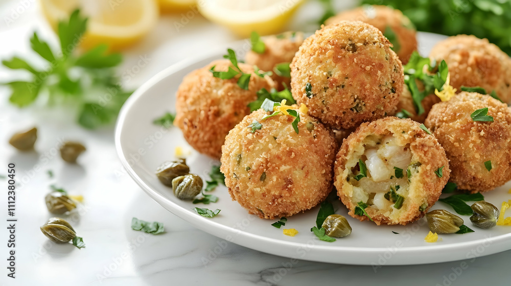 Roasted Bone Marrow Croquettes with Parsley Salad and Capers, Appetizer Photography Roasted Bone Marrow Croquettes with Parsley Salad and Capers, Appetizer Photography
