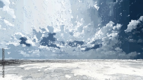 A pixelized abstract landscape of a vast plain under a cloudy sky, with pixel clouds drifting in a light breeze photo