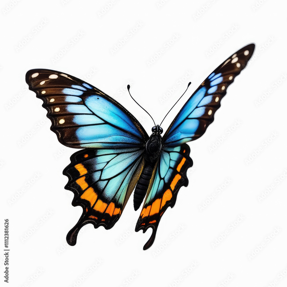 A vibrant and captivating illustration of a butterfly in flight with stunning blue wings, isolated on a white background. A vibrant and captivating illustration of a butterfly in flight with stunning blue wings, isolated on a white background.