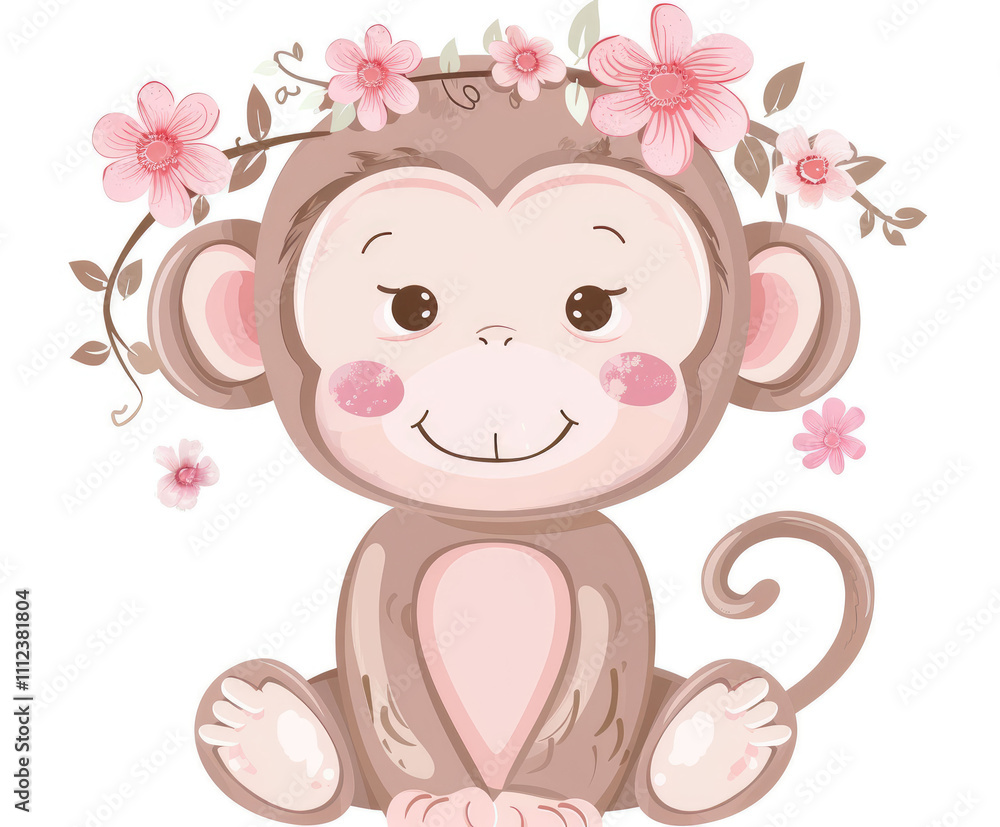 Fototapeta premium Cute little monkey sitting with flowers. Cartoon illustration