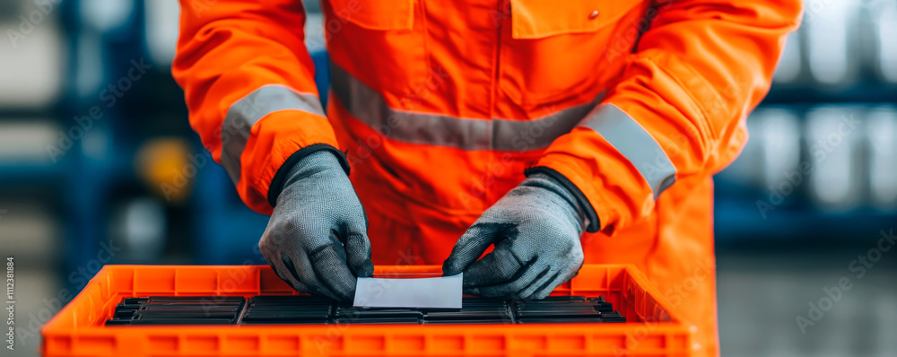 Battery replacement and warranty concept. Worker in an orange jacket handling a label in a crate. Battery replacement and warranty concept. Worker in an orange jacket handling a label in a crate.