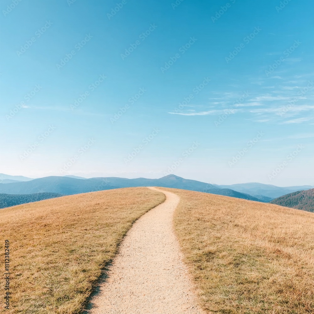 Fototapeta premium Serene Mountain Path Winding Through Golden Grasslands Under a Clear B