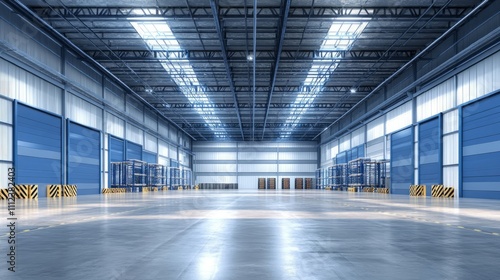 A bold modern warehouse with clean blue and white paneling, multiple loading bays, and a minimalist, industrial appearance