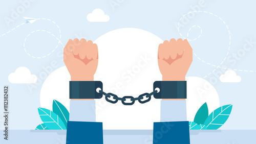 Handcuffs icon. Crime collection. Human in jail. Prisoner concept.  Crime symbol. Police hand cuffs. Metal handcuffs on hands for criminal cases such as fraud. Clenched Fists. Vector Illustration.