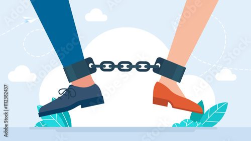 Couple with chain on legs. Husband and wife shackled. Dependence. Divorce of man and woman. Choosing good partner for marriage. Dissolution of spouses after quarrel. Vector illustration