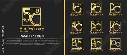 logo anniversary set. golden color with square on black background for special event