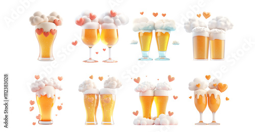 Wallpaper Mural Pack PNG of cartoon-style beer glasses adorned with hearts against transparent background set Torontodigital.ca
