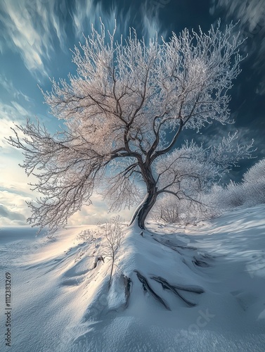 Striking Solitary Tree Surrounded by Snow and Frost Under a Dramatic Sky with Beautiful Clouds and Soft Light on a Winter Landscape photo