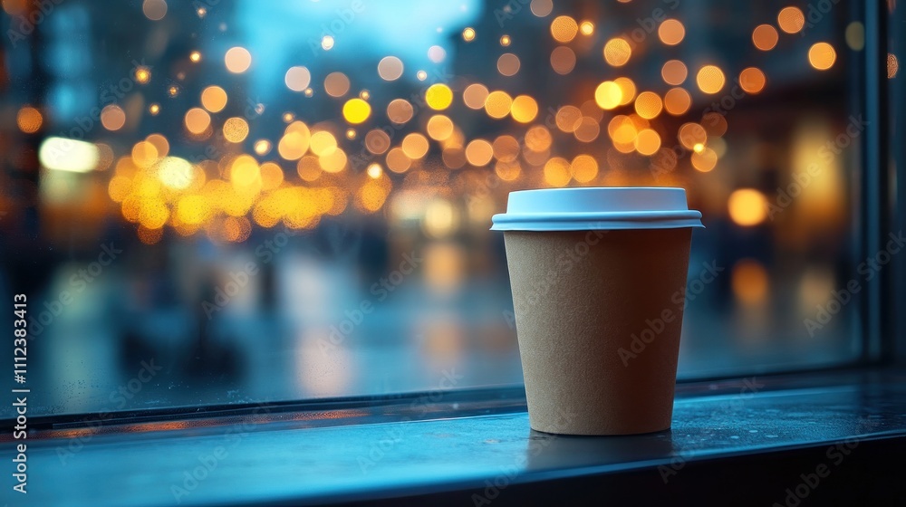 Warm beverage cup near glowing urban lights at dusk. Warm beverage cup near glowing urban lights at dusk.