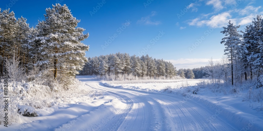 A beautiful winter scene captures a snow-covered road winding through a forest. The bright blue sky contrasts with the white snow. Perfect for travel and nature themes. AI A beautiful winter scene captures a snow-covered road winding through a forest. The bright blue sky contrasts with the white snow. Perfect for travel and nature themes. AI
