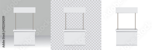 3D model of blank informational advertising booth on transparent, white and gradient background. Vector model of empty exhibition stand and kiosk